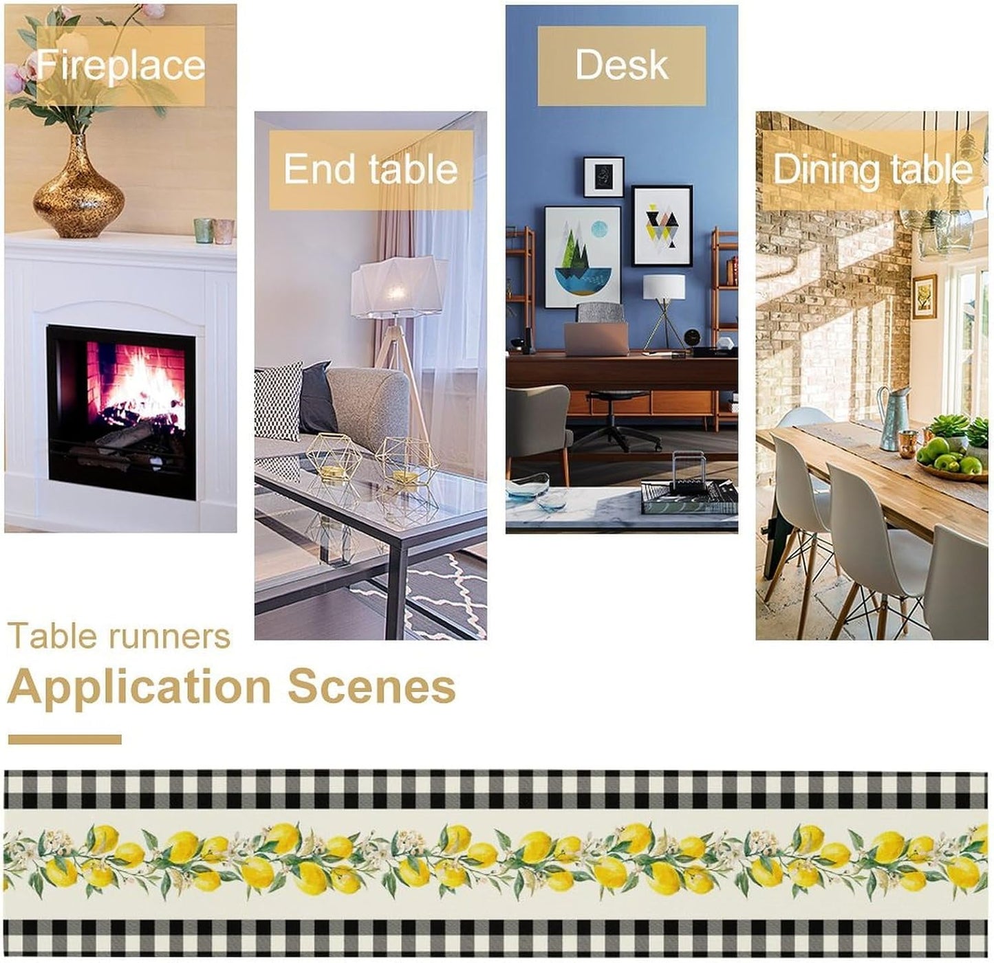 Lemon Table Runner,Black Buffalo Plaid Lemon Table Runner Farmhouse Style Spring Summer Home Kitchen Dinding Room Table Decoration 13x72 Inch