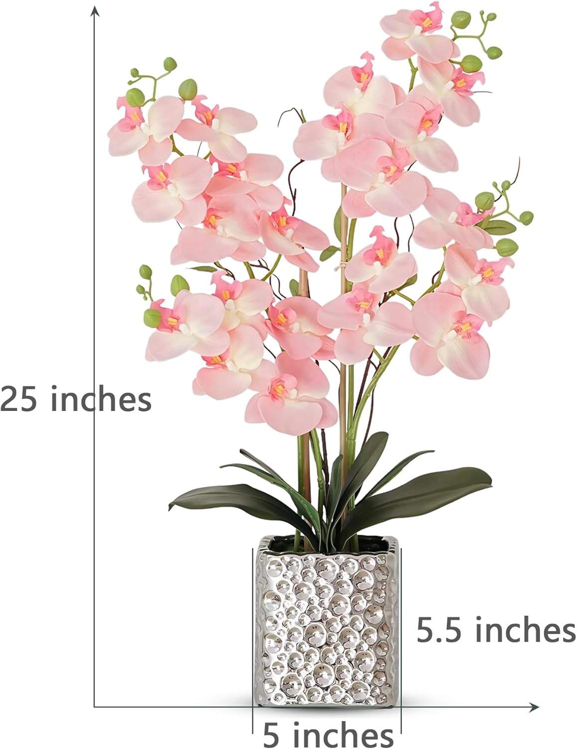 Orchid Artificial Flowers with Sliver Vase Large Silk Faux Phalaenopsis Flowers for Dining Room Table Floral Centerpieces Indoor Decoration,Pink