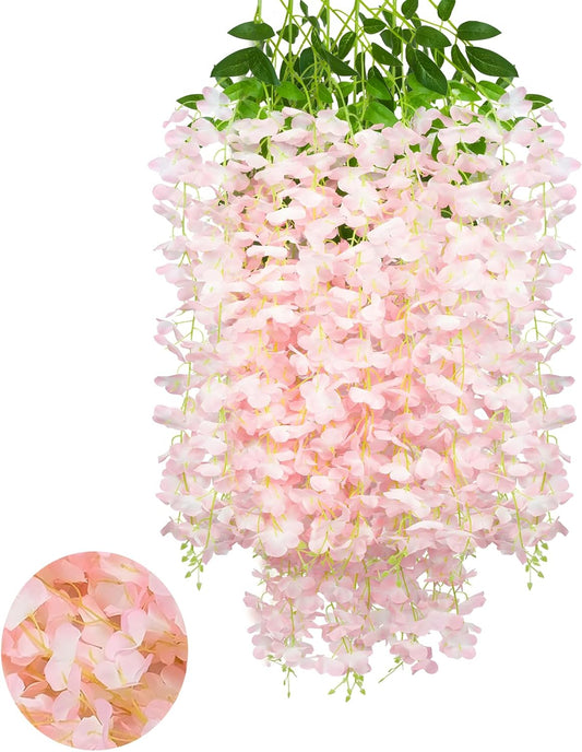 12 Pack Light Pink Wisteria Hanging Flowers Garland, 3.77 Feet Artificial Flower Vines, Fake Wisteria, Artificial Vines Hanging Garland for Backdrop Outdoor Yard Garden Decor