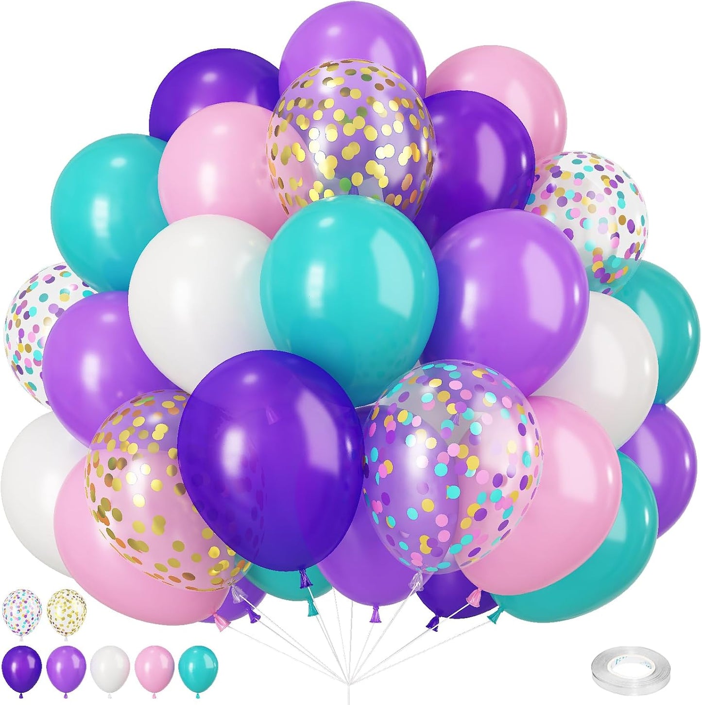 Mermaid Balloons, Pink Purple Blue Balloons, 12Inch Teal Blue Purple Pink White Party Balloon with Metallic Gold Confetti Latex Balloon for Girls Birthday Mermaid Themed Party Decorations