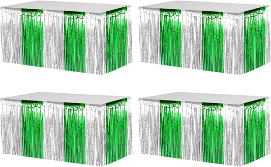 4 Pack 29x108 Inch Metallic Foil Fringe Tinsel Table Skirts for Rectangle Tables Streamer Backdrop for Wedding, Birthday, Parade Floats, Christmas, Halloween Party Decoration(Silver Green)