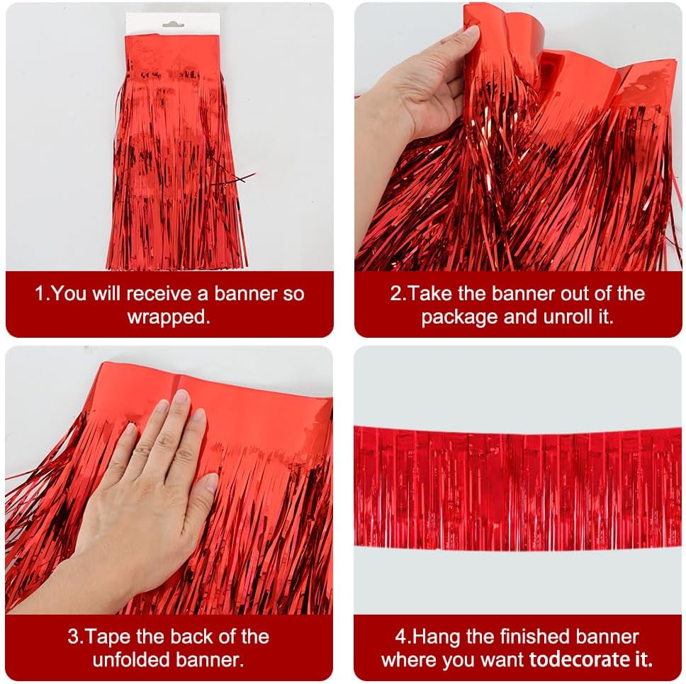 BEISHIDA 3 Packs 30 Feet Metallic Foil Fringe Garland Tinsel Streamers，Shiny Red Wall Hanging Tinsel Fringe Banners for Wedding Birthday Party Decoration Halloween Christmas New Year