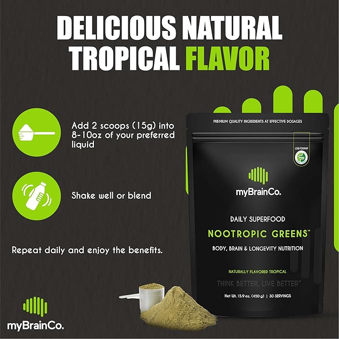 Nootropic Greens - Premium All-in-One Body, Brain & Longevity Optimization Nutrition. Organic Greens & Superfoods, Alpha-GPC, L-Theanine, Lion’s Mane, TMG, NR, NAC & More. (15.9 oz)