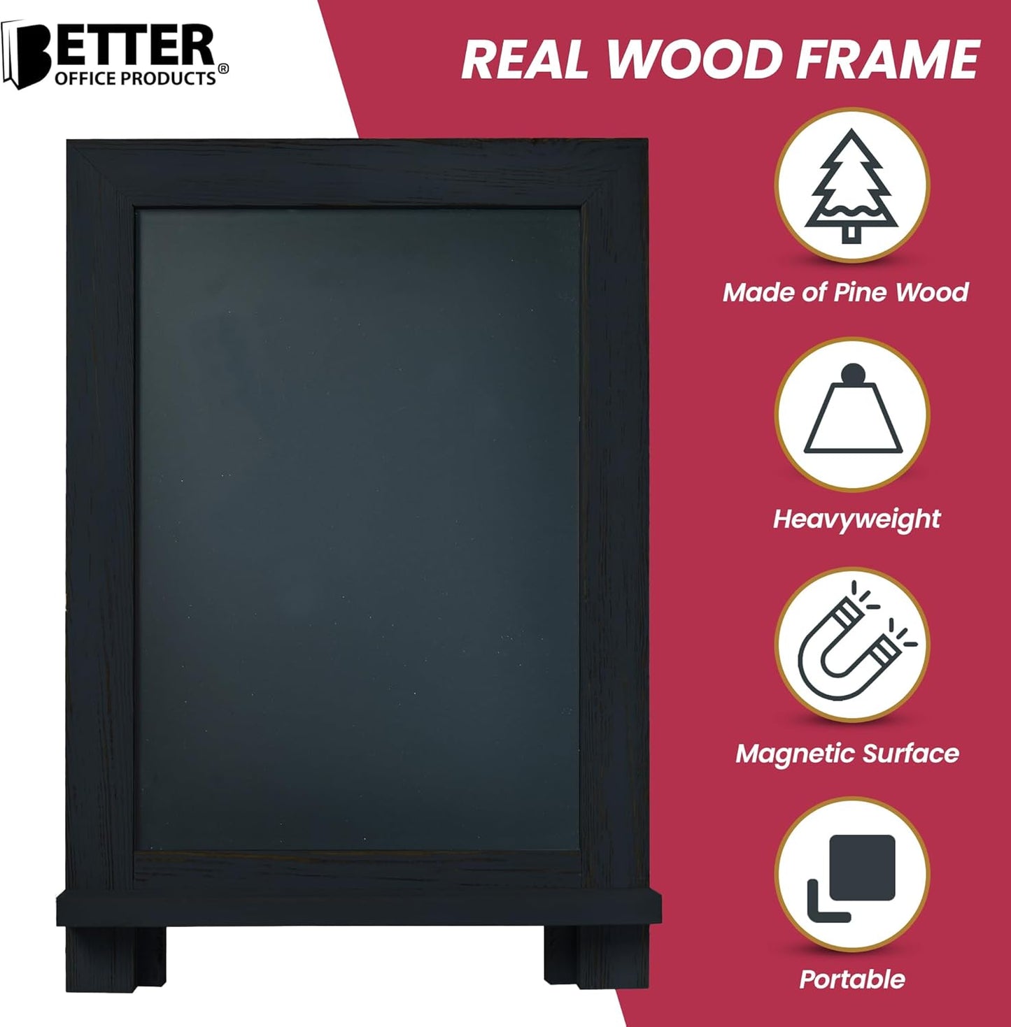 Framed Tabletop Chalkboard Sign, 9.5" x 14", Rustic Wood Frame, Small Magnetic Chalkboard with Built-in Ledge, Folding Stand, & One White Chalk Marker, by Better Office Products (Solid Black)