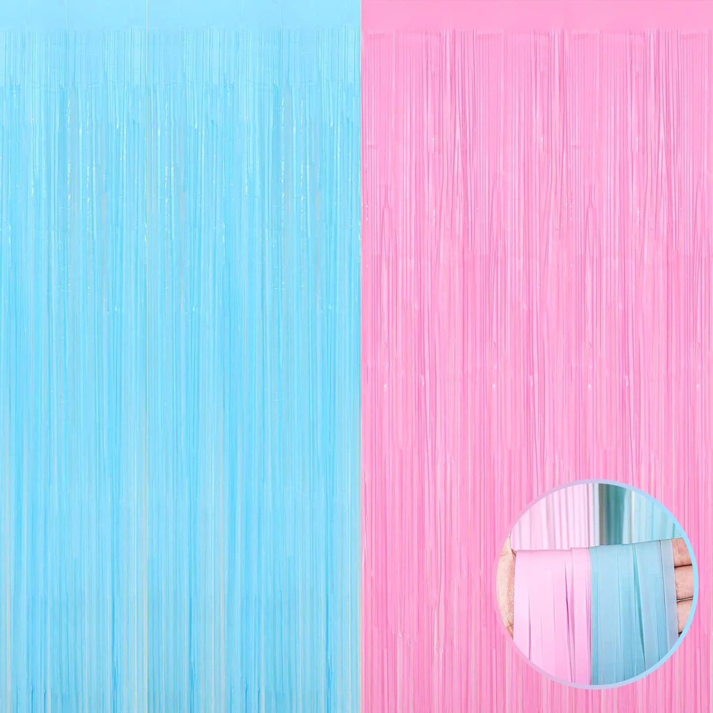 4 Pack Macaron Pink Blue Foil Fringe Curtain Backdrop, 3.28Ft x 8.2Ft Metallic Tinsel Foil Fringe Streamers for Photo Booth, Wedding Gender Reveal Backdrop Boy or Girl Birthday Party Decoration