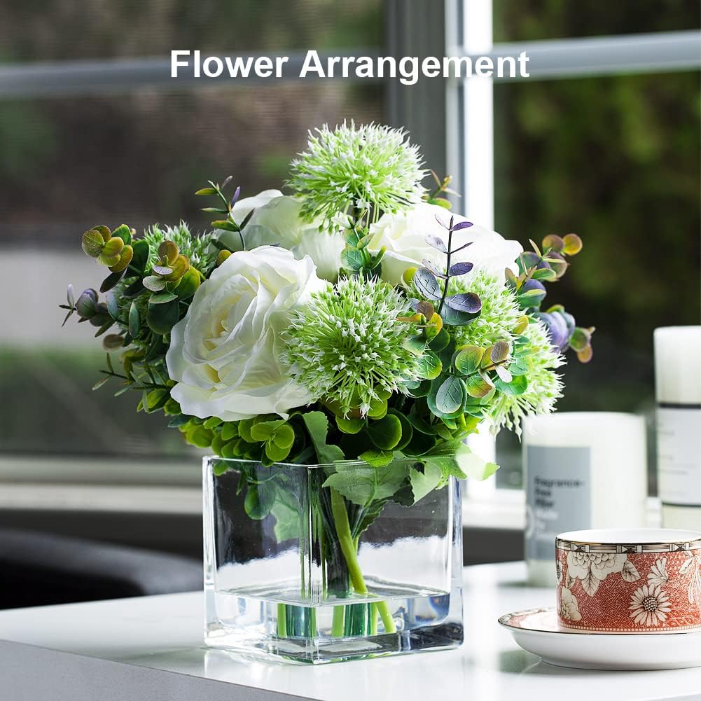 EnovaFloral Square Glass Cube Vase (4x4 Inch) - Set of 1 with Floating Candle Holders for Wedding Centerpieces & Home Office Decor