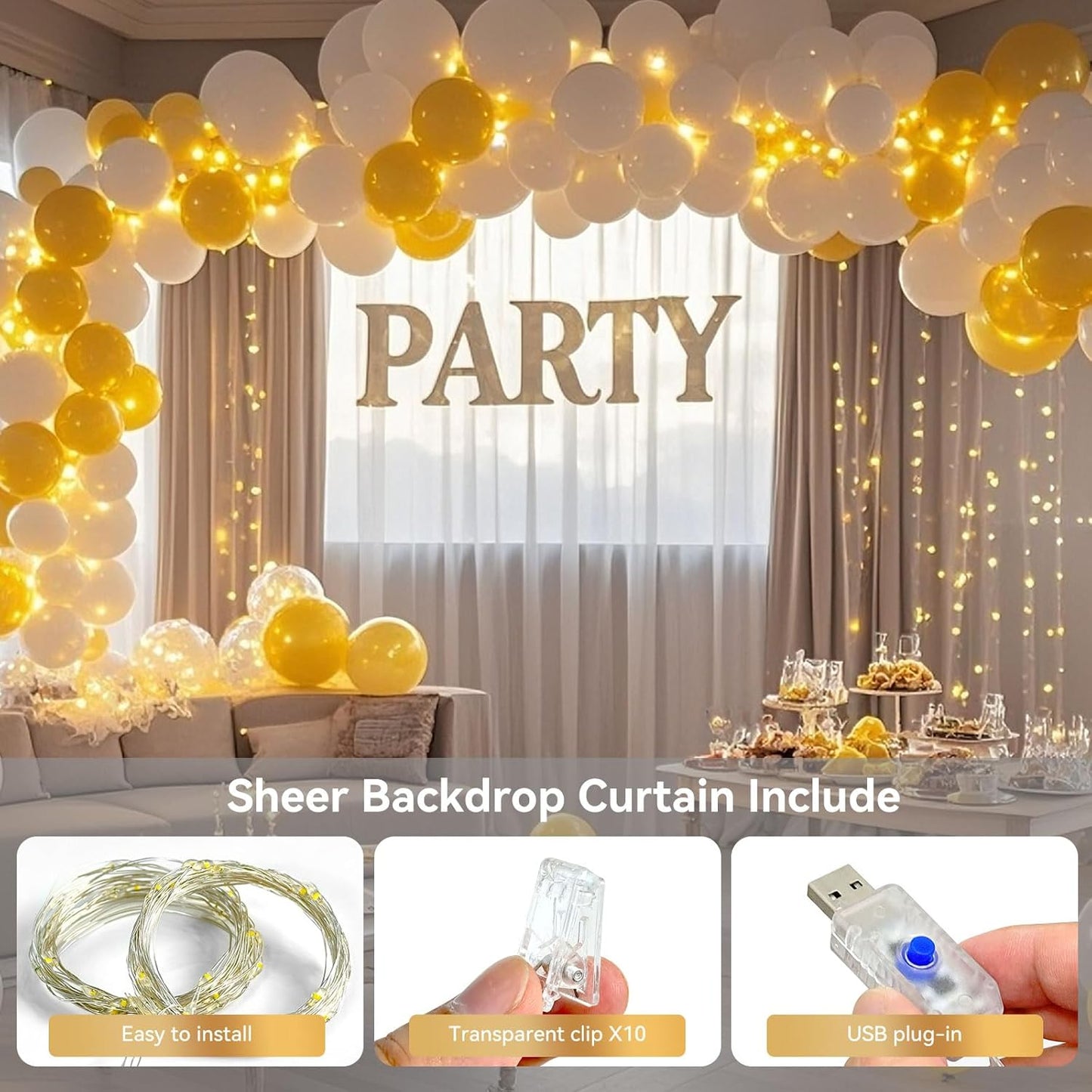 Ledido 10×8ft Tulle Backdrop Curtains with Lights String - 300LED Fairy Lights Sheer Curtain Backdrop for Weddings Baby Shower and Birthday Party Decorations(2 Panels 5×8ft)
