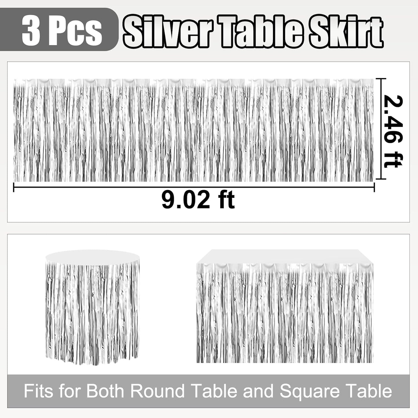 3 Pack 29 x108 Inch Silver Foil Fringe Table Skirts Metallic Banner for Tinsel Streamer Garland Backdrop for Parade Floats Wedding Thanksgiving Birthday Christmas Halloween New Year Party Decoration