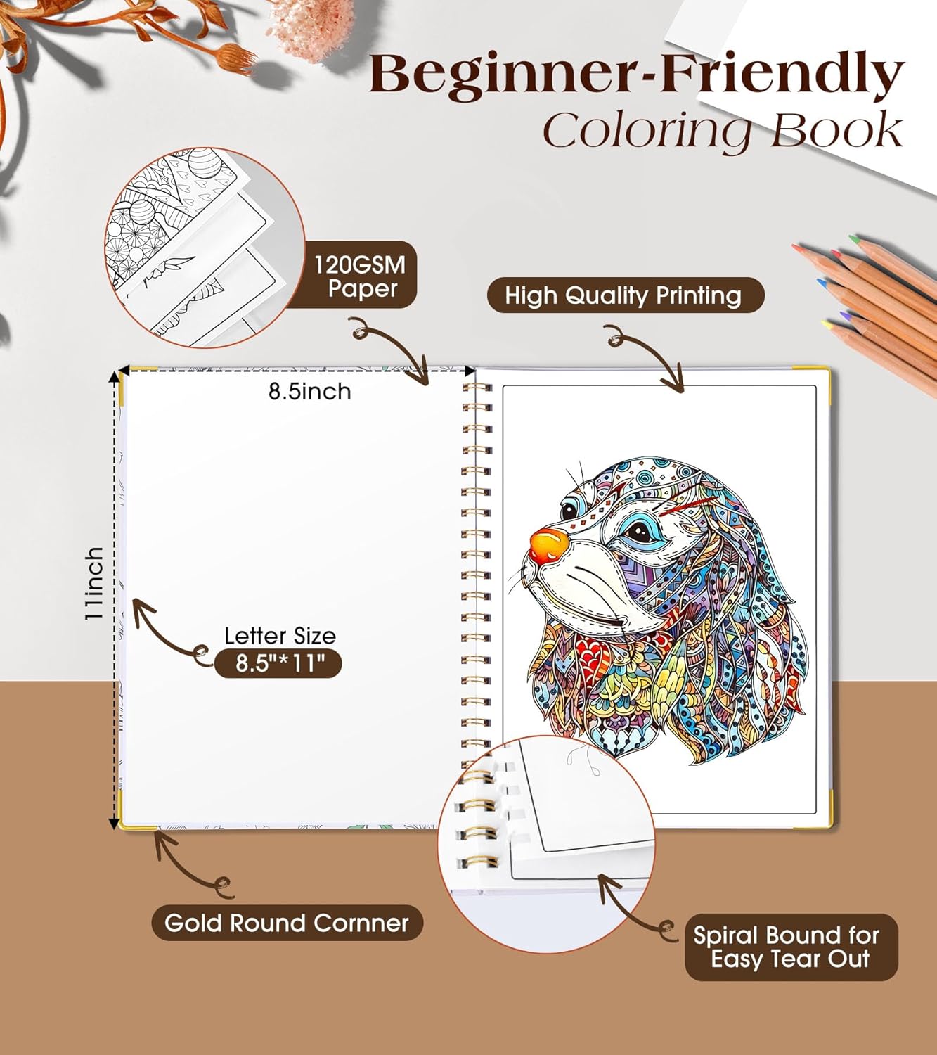 Adult Coloring Book for Women-Hardcover Spiral Bound Coloring Books for Adults Relaxation 8.5 * 11, 30 Animals&Figures Pattern, Anxiety, Stress Relief & Relaxation Gifts for Women, 120GSM Paper
