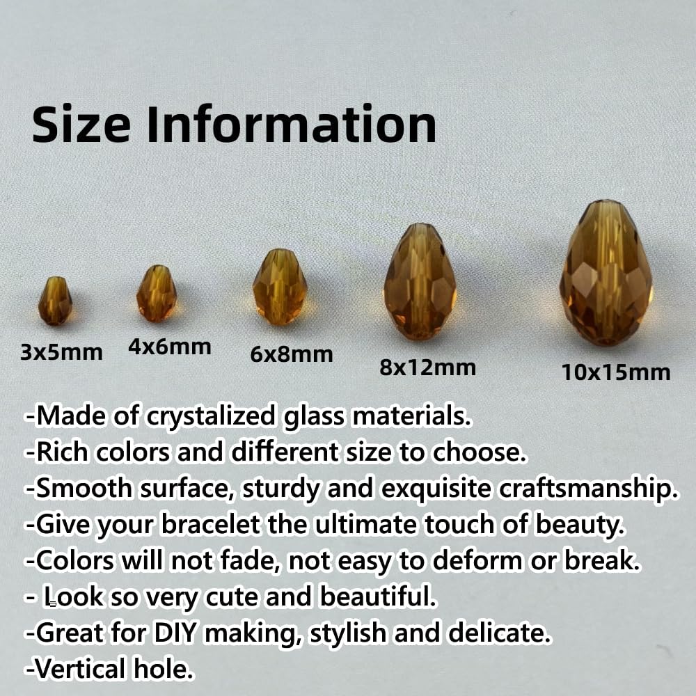 130pcs 6x8mm Teardrop Crystal Glass Beads for Jewelry Making, Faceted Vertical Hole Teardrop Glass Spacer Beads for Wind Chimes Bracelet Earring Necklace DIY Craft(Amber)