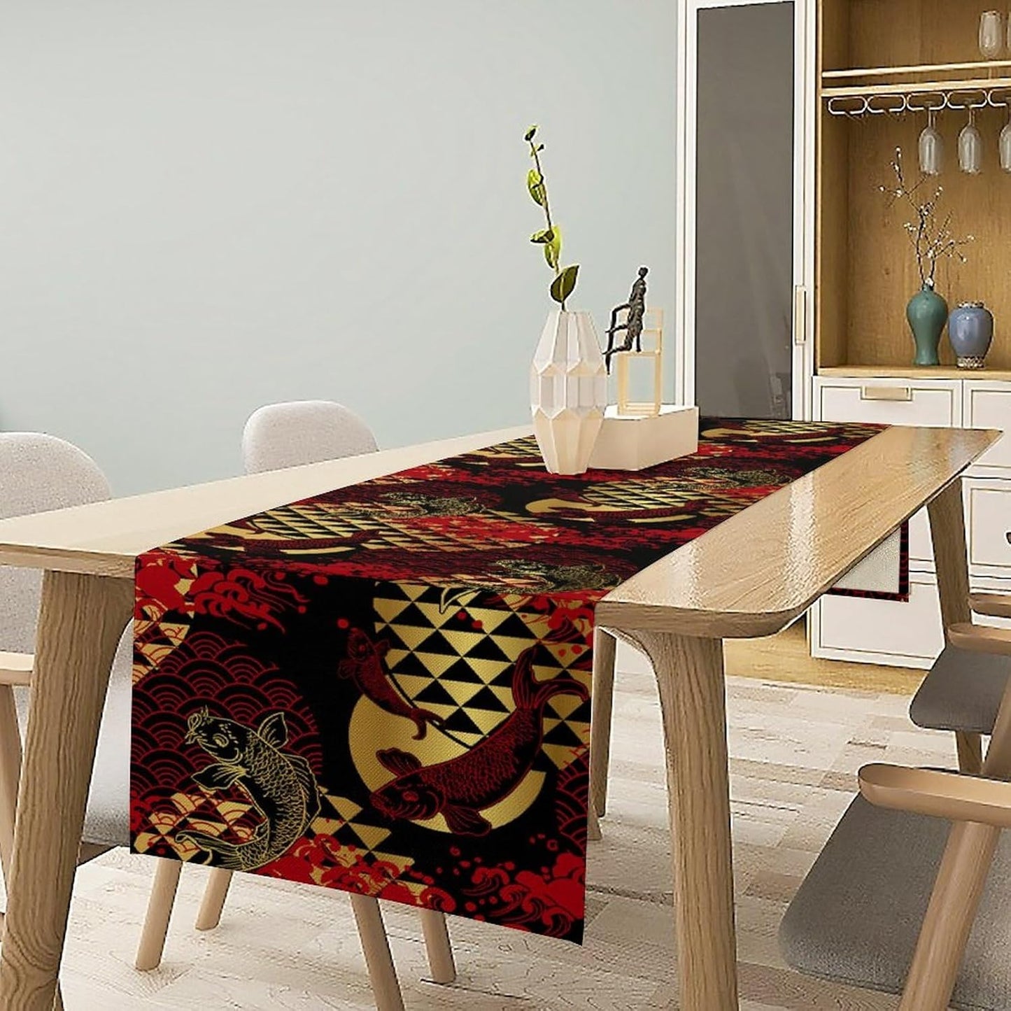 Japanese Table Runner Oriental Tradition Kio Fish Red Art Printed Burlap Runner Home Kitchen Dining Table Living Room Decor Fabric 1 Panel W13xL70in