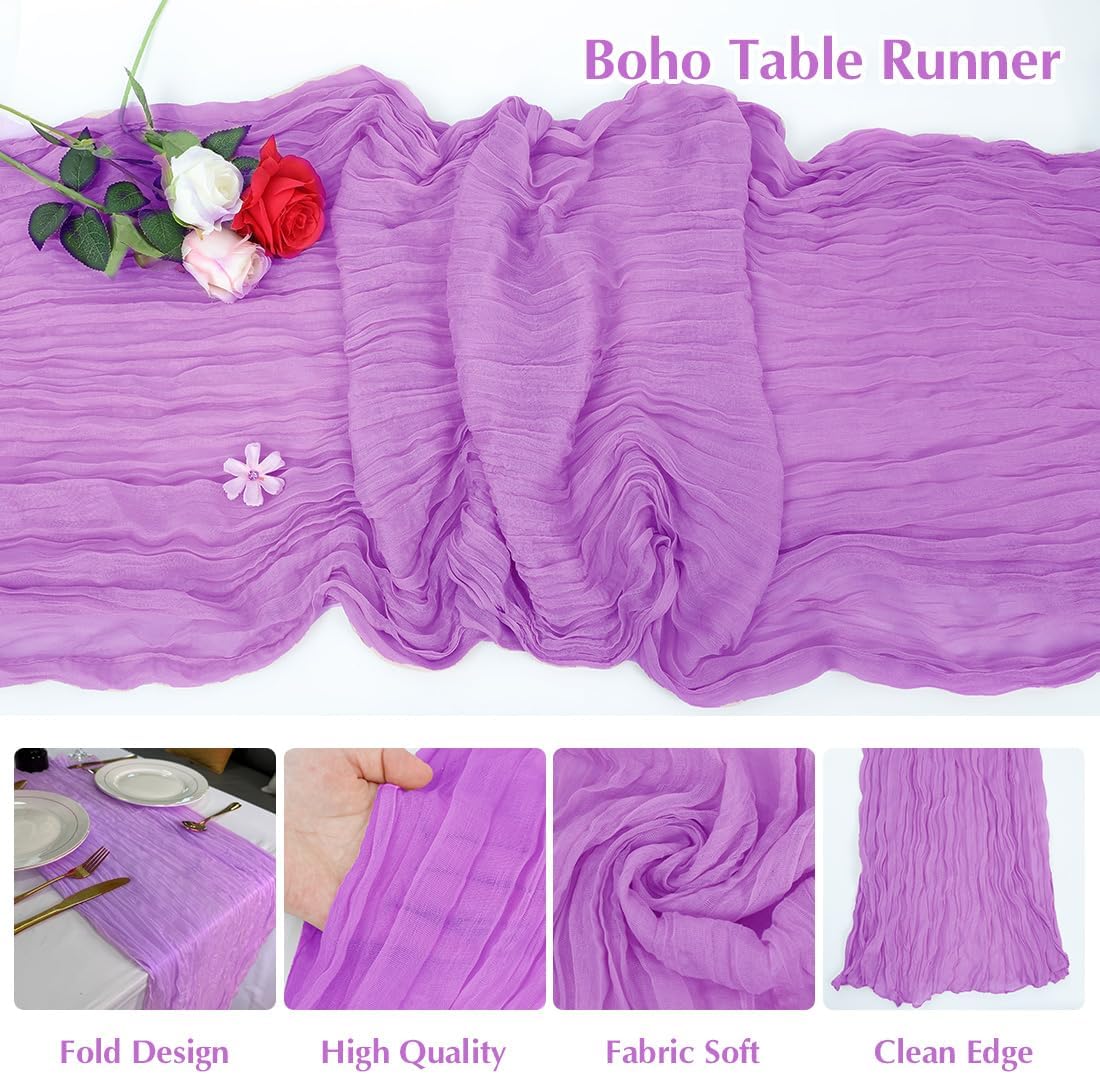 Light Purple Cheesecloth Table Runner -21*120Inch Long Boho Wedding Table Decor, Rustic Gauze Fabric Runner for Bridal Showers, Baby Showers & Parties (Sheer, Lightweight, Wrinkled Design)