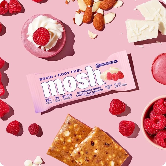 MOSH Raspberry White Chocolate Crunch Keto Protein Bars, High Fiber, Low Carb, Gluten Free, High Protein, Brain Healthy Snack, 12 Count
