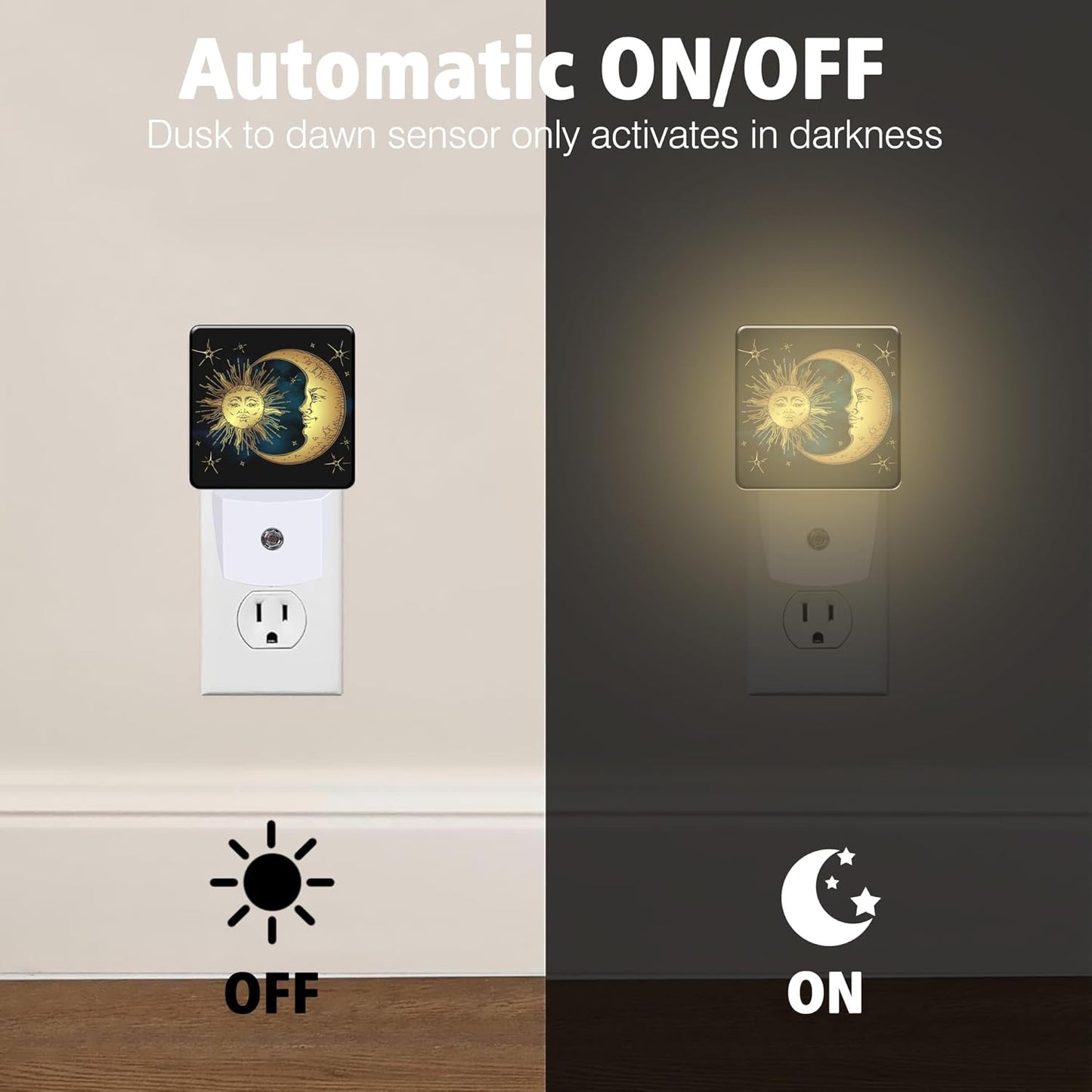 Celestial Moon Sun Night Light Plug into Wall with Dusk to Dawn Light Sensors Boho Chic Stars Night Light LED Lamp for Bedroom Hallway Home Wall Decor Nightlight for Girls Boys Men Women