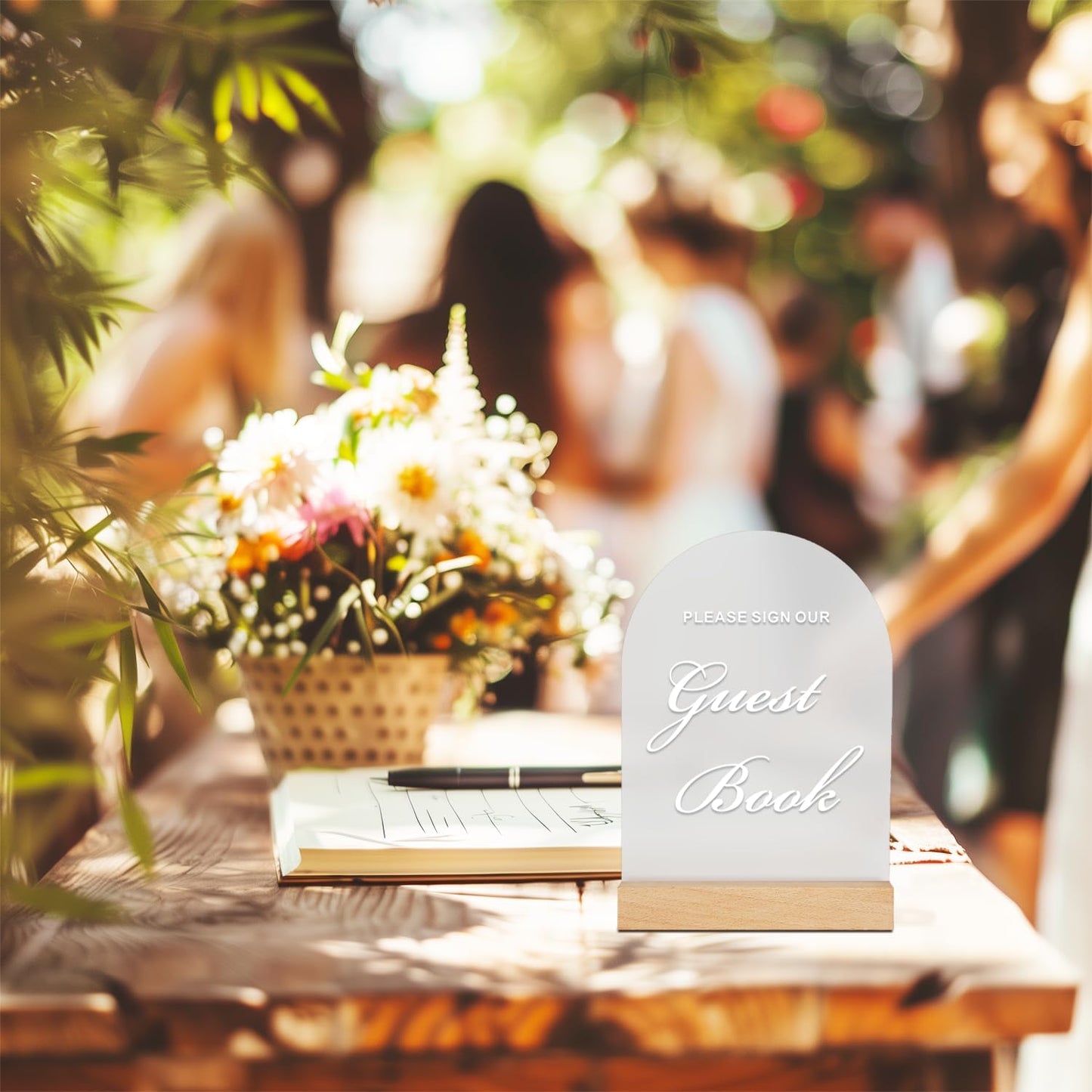 4pc Wedding Sign Set - Acrylic Guest Book Signs with Wood Stand, 5x7" Cards & Rustic Wedding Decor