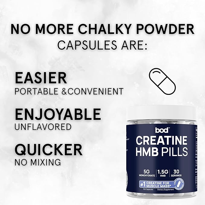 BOD Creatine HMB Capsules, Creatine Monohydrate Powder with HMB for Muscle Growth, Increased Strength, Energy, and Performance - No Bloat, No Load, Unflavored, Vegan, 150 Capsules, 30 SVG