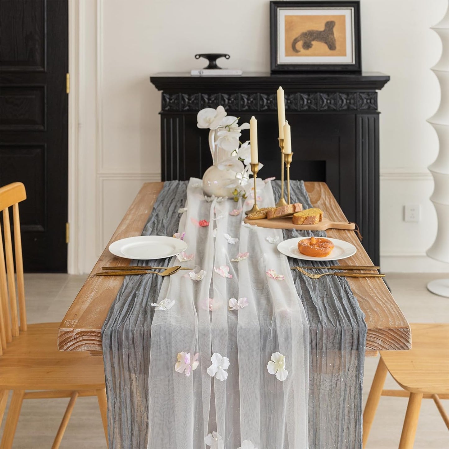 Romantic Artificial Floral Table Runner 10ft Gauze Tulle Lace Table Runner Set for Wedding Baby Shower Bridal Shower Holiday Kitchen Dining Table Decoration for Home Party Special Occasion