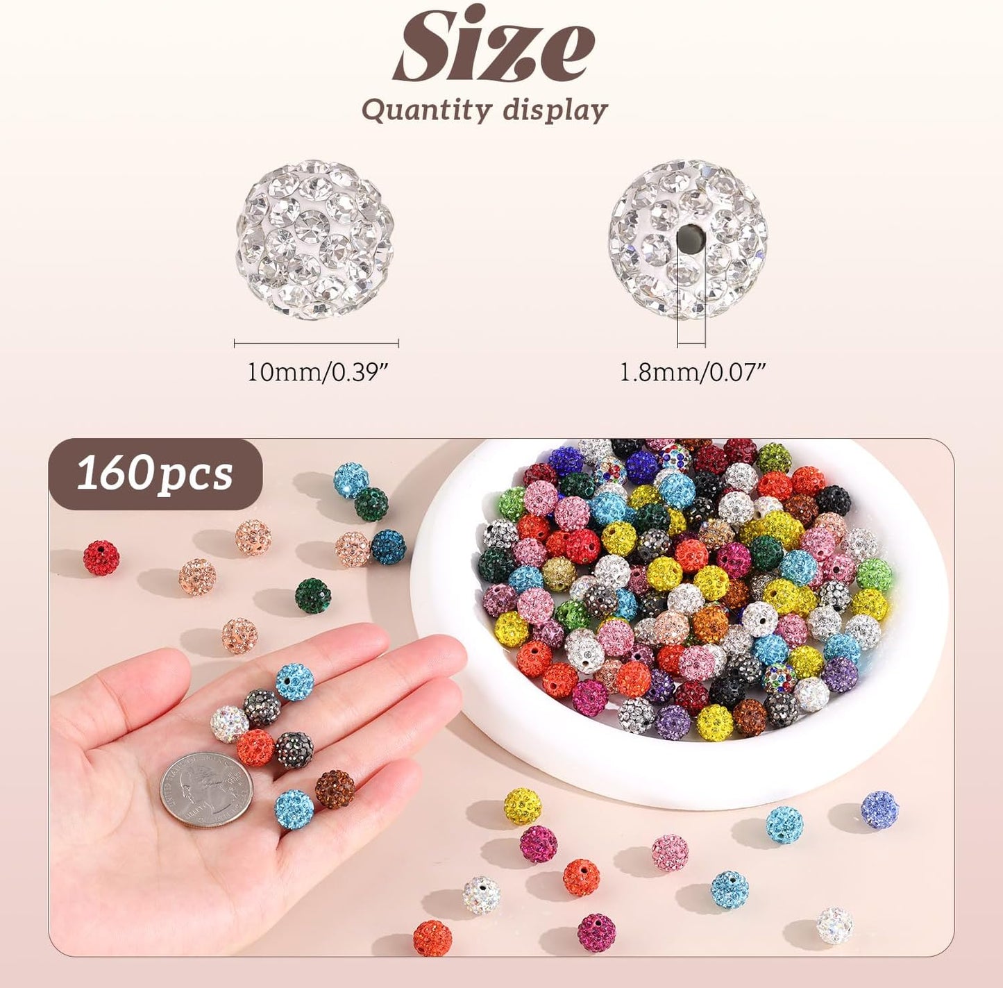 160pcs 10mm Rhinestone Beads for Jewelry Making, Gray Shiny Round Disco Ball Beads Bulk, Sparkle Crystal Clay Christmas for Bracelet Baseball Necklace Earring Crafting and DIY