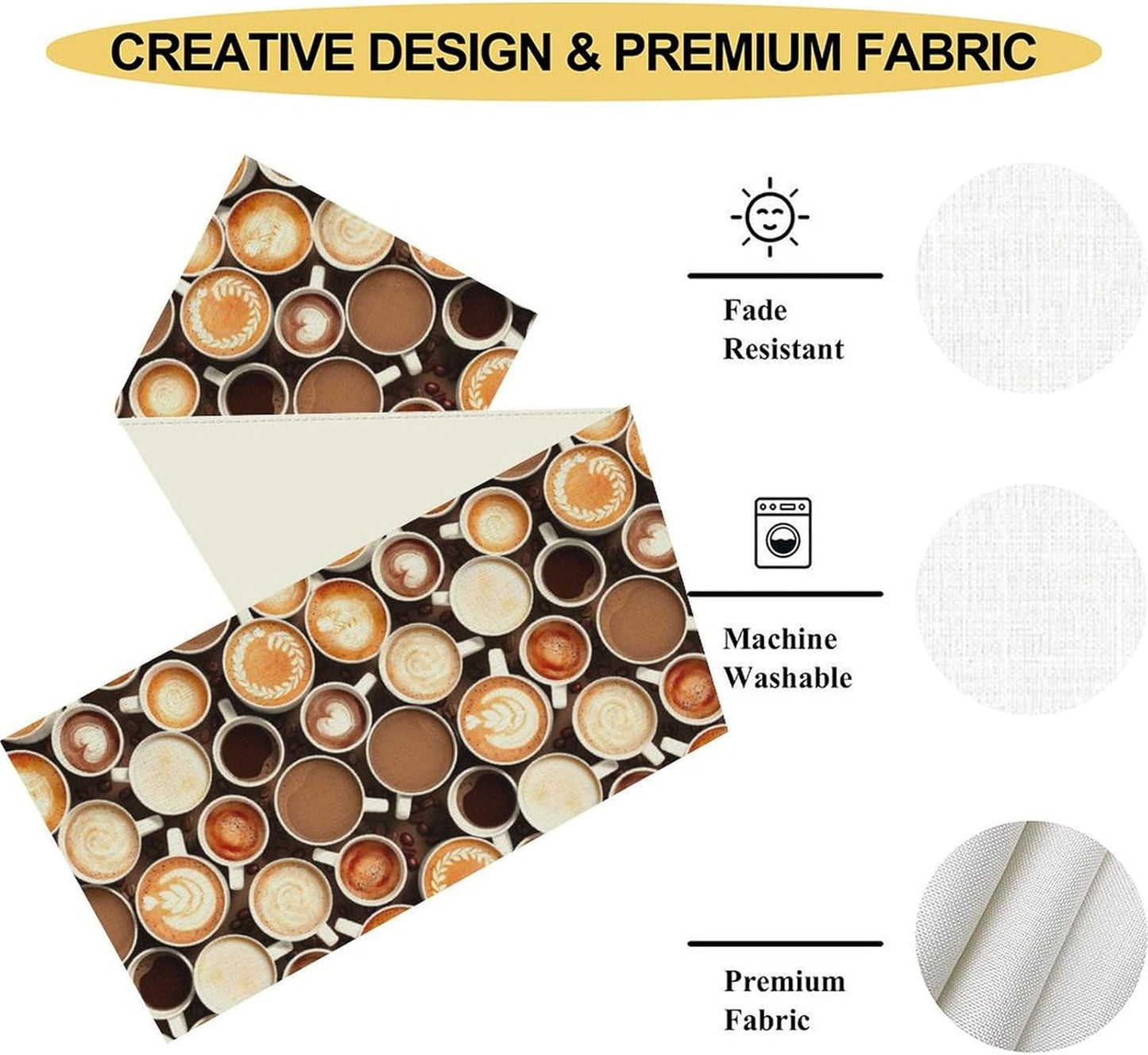 Coffee Theme Table Runner, Farmhouse Coffee Cup Latte Cappuccino Tea Party Rustic Cafe Table Center Decor for Home Kitchen Dining Patio Holiday Party Indoor Outdoor Table Decorations,13"x108" Inch