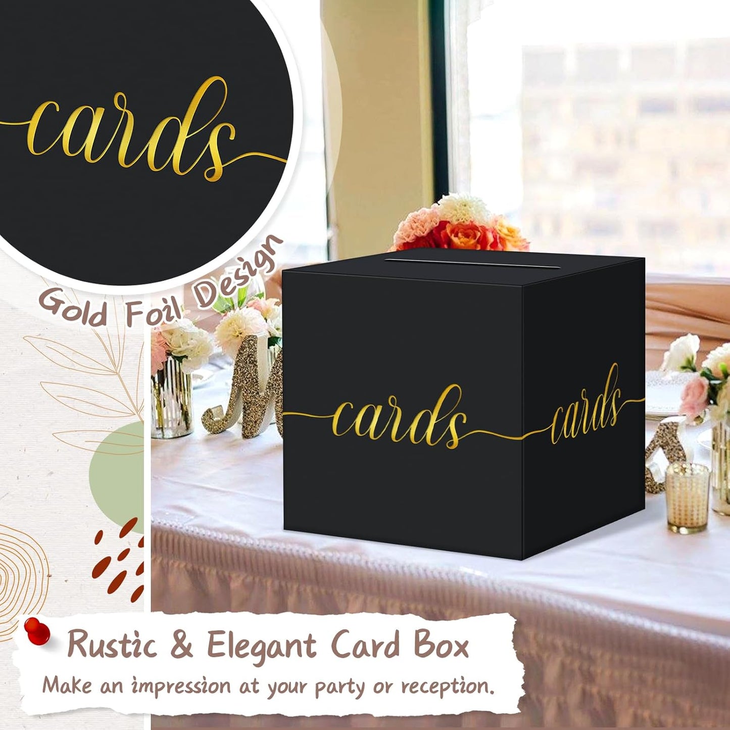 QIKSION Black Card Box for Party, Gold Foil Gift Card Box for Graduation, Wedding Reception, Birthday, Baby Shower, Raffle