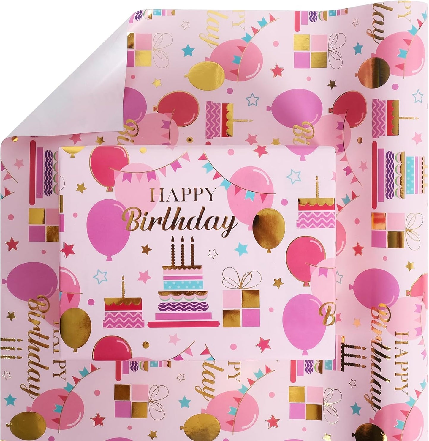 Aimyoo Pink Birthday Wrapping Paper Roll - 17 Inch X 16.4 Feet - Gold Foil Celebration Cake, Balloon, Happy Birthday Lettering Design Gift Wrap for Kids, Baby Showers