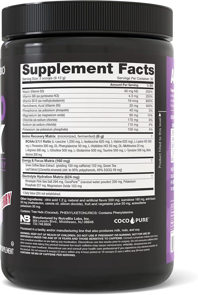 NutraBio Amino Kick – BCAA Powder with Natural Caffeine – Amino Acids Supplement for Energy, Hydration & Recovery – BCAAs, Electrolytes & Amino Acids – Grape Berry Crush, 30 Servings
