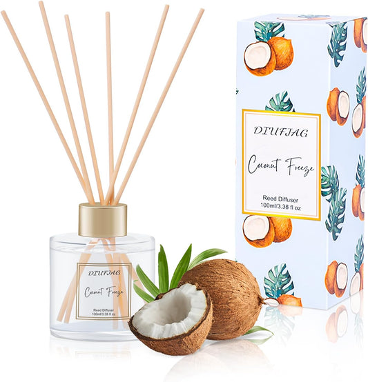100ml Scent Diffuser with 6 Fiber Sticks, 3.5 oz Reed Diffuser Set Aromatherapy Fragrance Diffusers Air Fresheners for Home Bedroom Bathroom (Coconut)
