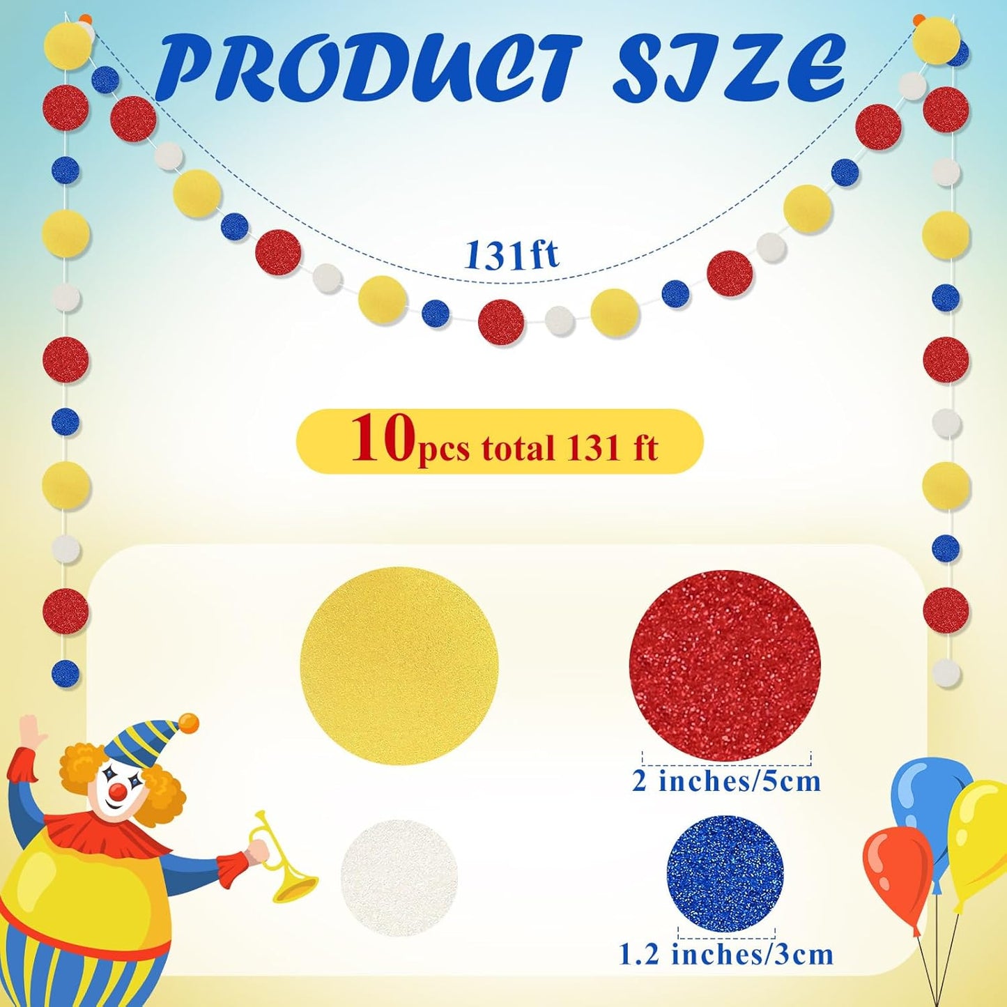 Outus 10 Pieces Colorful Dots Paper Garland Round Glitter Garland Hanging Confetti Streamers Backdrop for Candy Birthday Classroom Halloween Trunk or Treat Car Decoration (Red,Blue,Yellow)