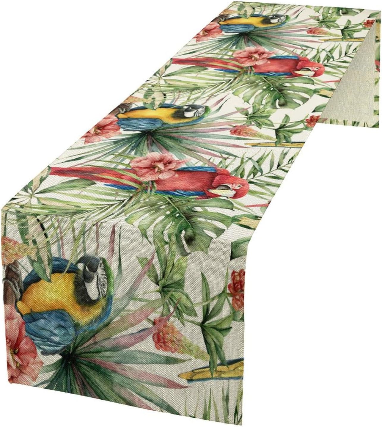Parrot Table Runner,Tropical Palm Leaf Colorful Macaw Bird Watercolor Print Tablecloth Burlap for Hotel Indoors Outdoor Dining Room Kitchen Home Decor,W13X L36 in