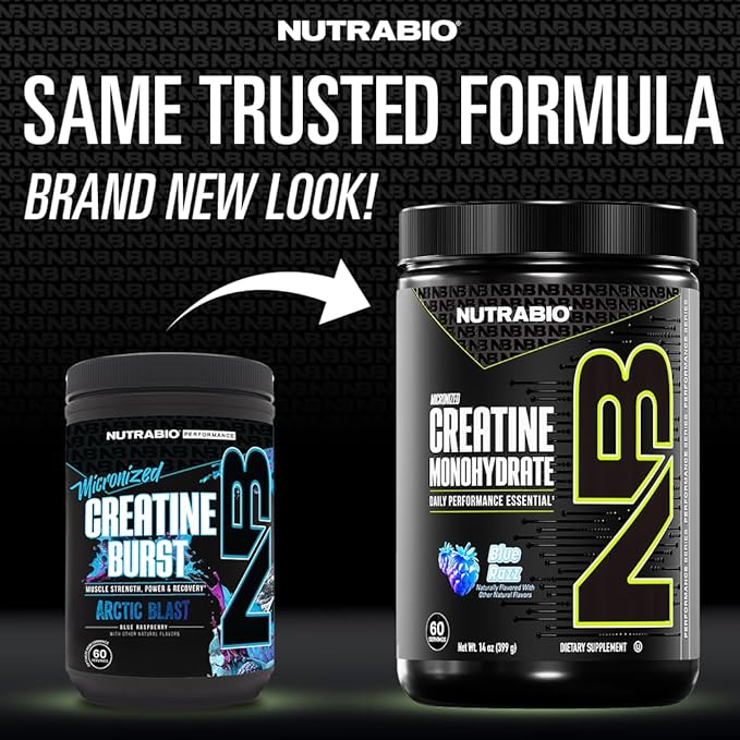 NutraBio Pure Micronized Creatine Monohydrate Powder Supplement, Blue Razz Burst(300 g) - Supports Bulk Muscle Energy, Recovery, and Strength - HPLC Tested Creatine Powder Supplement for Men and Women
