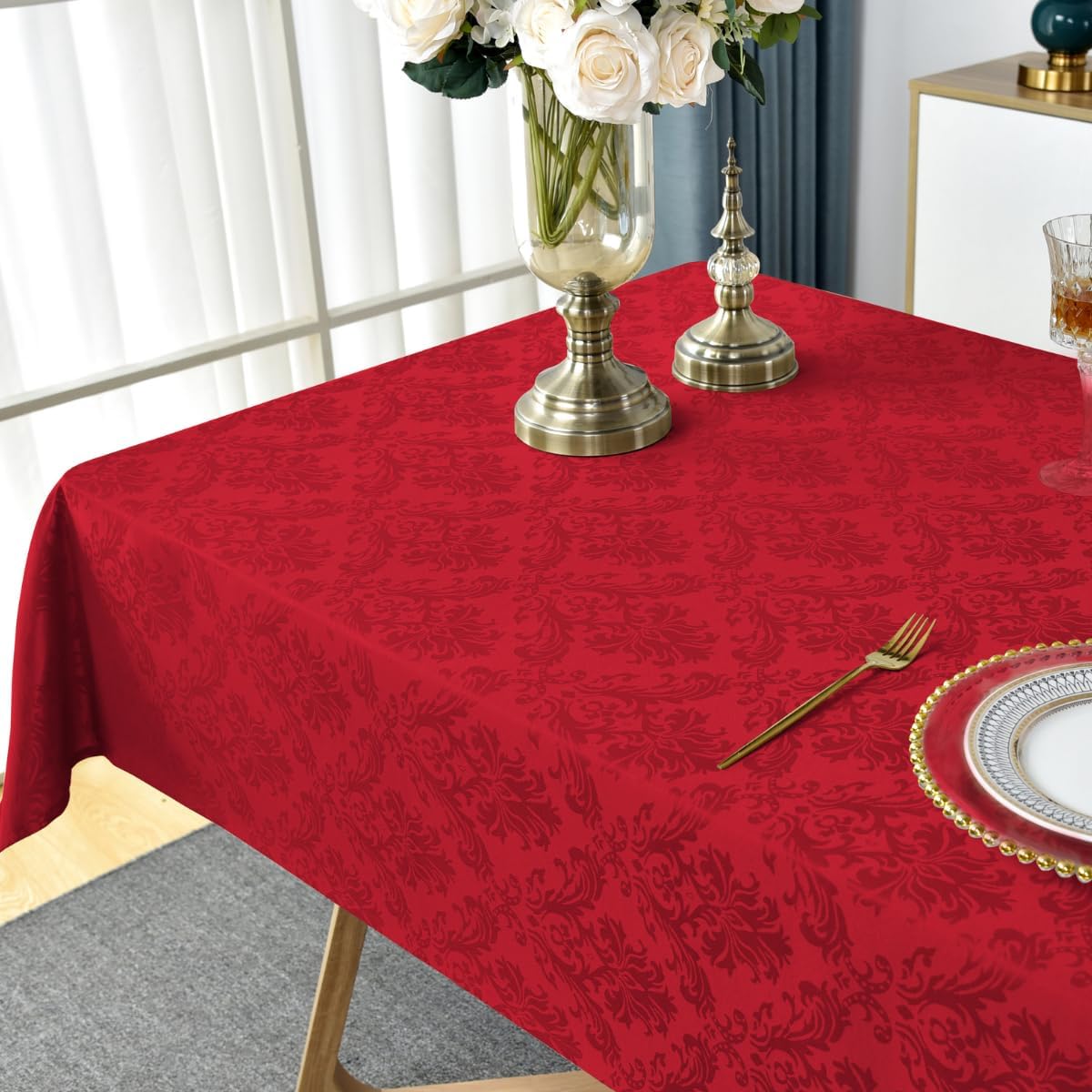 SASTYBALE Rectangle Jacquard Tablecloth, Damask Table Cloth SpillProof Wrinkle Resistant Tablecloths, Soft Polyester Oblong Table Cover for Kitchen, Dinner, Parties (Red, 52X70)