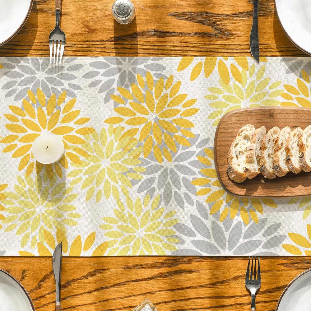 Artoid Mode Yellow Dahlia Floral Pinnata Summer Table Runner, Seasonal Spring Holiday Kitchen Dining Table Decoration for Home Party Decor 13x72 Inch