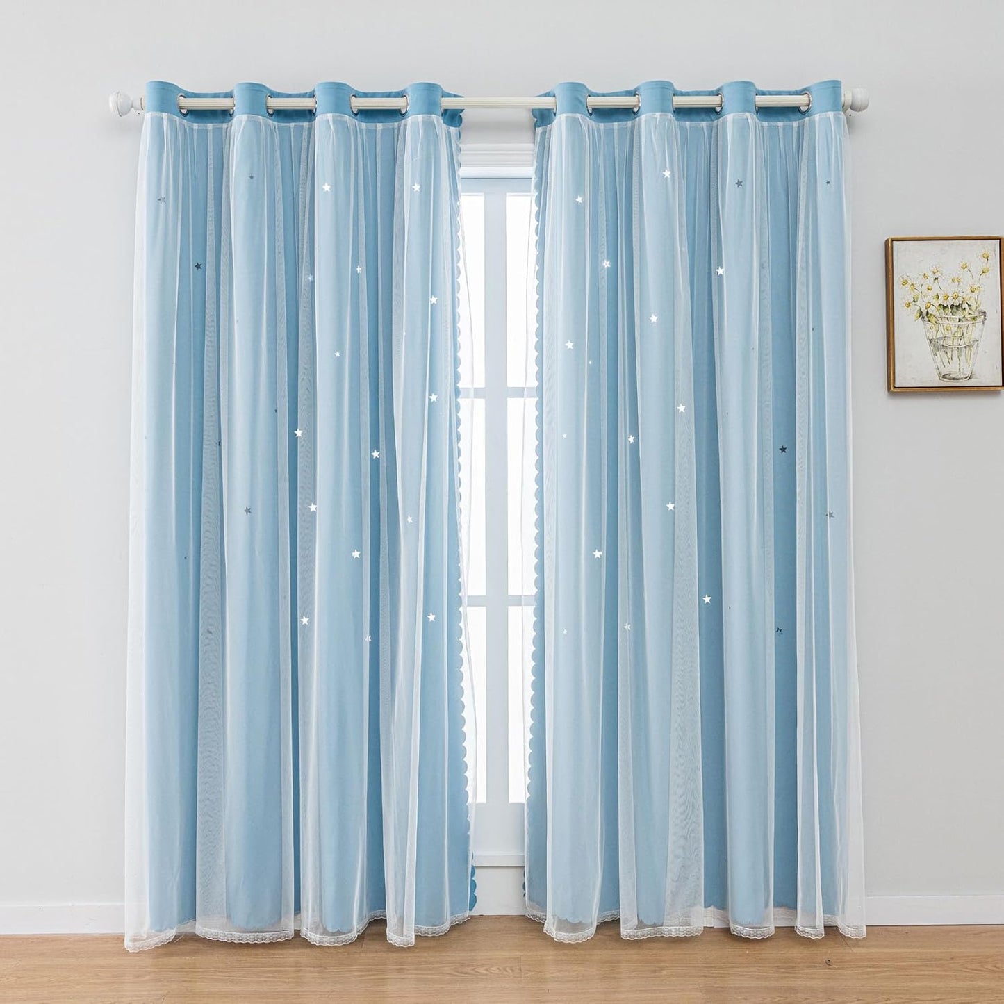 FANLI 2 Panels Star Blackout Curtains for Kid Girls Bedroom Living Room Darking Stripe Double Layer Star Cut Out Wall Home Decor Gradient Grommet Window Curtains (Blue 72L)