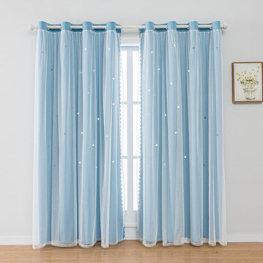 FANLI 2 Panels Star Blackout Curtains for Kid Girls Bedroom Living Room Darking Stripe Double Layer Star Cut Out Wall Home Decor Gradient Grommet Window Curtains (Blue 84L)