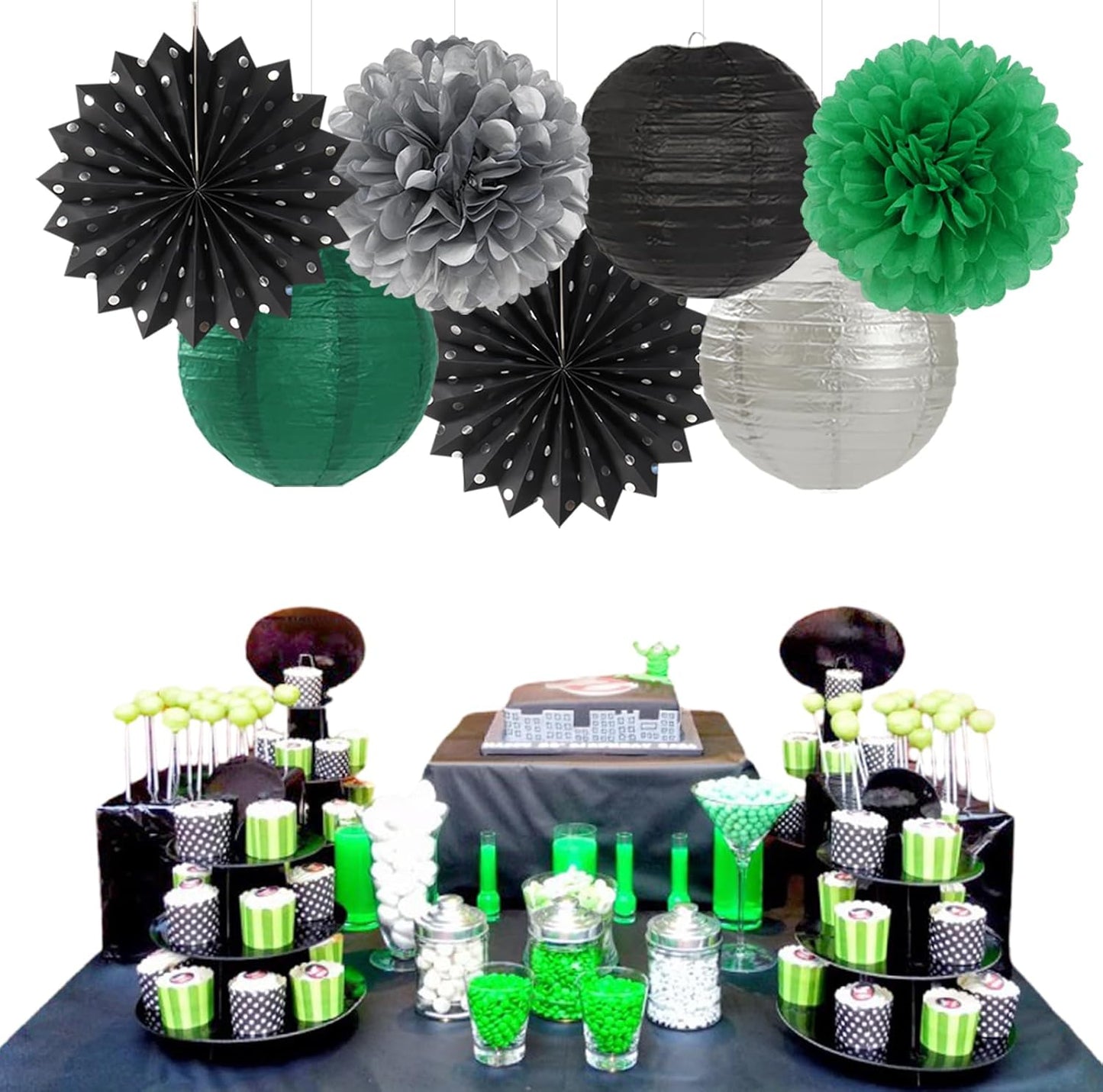 Black Green Silver Football Party-Decorations - 20pcs Soccer Theme Graduation Paper Lanterns Fans,Tissue Pom Poms,Honeycomb Balls,Men Boys Birthday Sports Spring Jungle Baby Shower Decor Burgleda