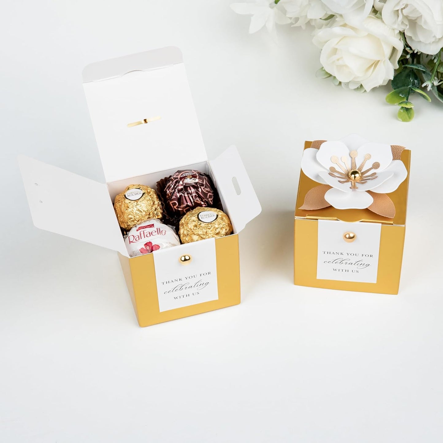 FEIYI 20 PCS Candy Boxes, 3 In 1 Gold Favor Boxes with Floral Decor, White Thank You Tags Gift wrapping for Wedding Birthday Baby Shower Decorations Party -2.55x2.55x2.55''