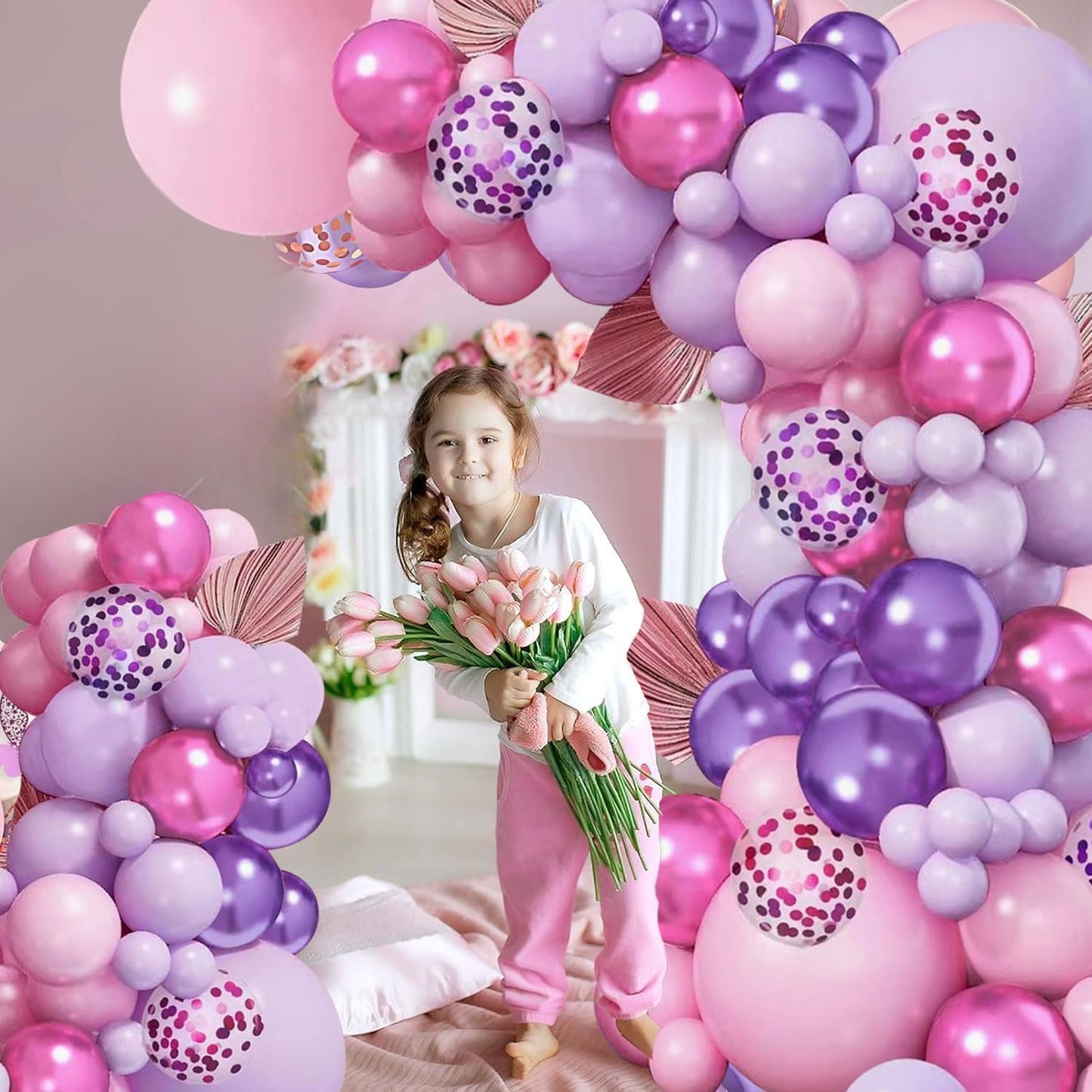 Pink and Purple Balloons,50Pcs 12 Inch Purple Pink Metallic Confetti Balloons with Ribbon for Girls Women Birthday Brida Shower Wedding Party Decorations