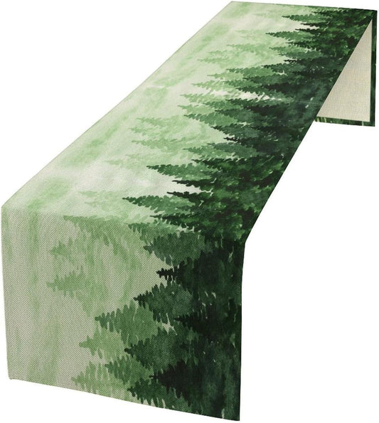 Foggy Forest Table Runner,Watercolor Wreen Misty Forest Landscape Table Runner for Kitchen Dining Table Home Party Decoration 13x72 Inch