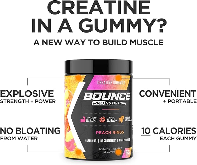 Bounce Pro Creatine Monohydrate Gummies for Men & Women, Low Calorie, 6G of Creatine per Serving, Vegan, Anti-Melting, Gluten-Free, Non-GMO, 2g of Creatine per Gummy (30ct, Peach Rings)