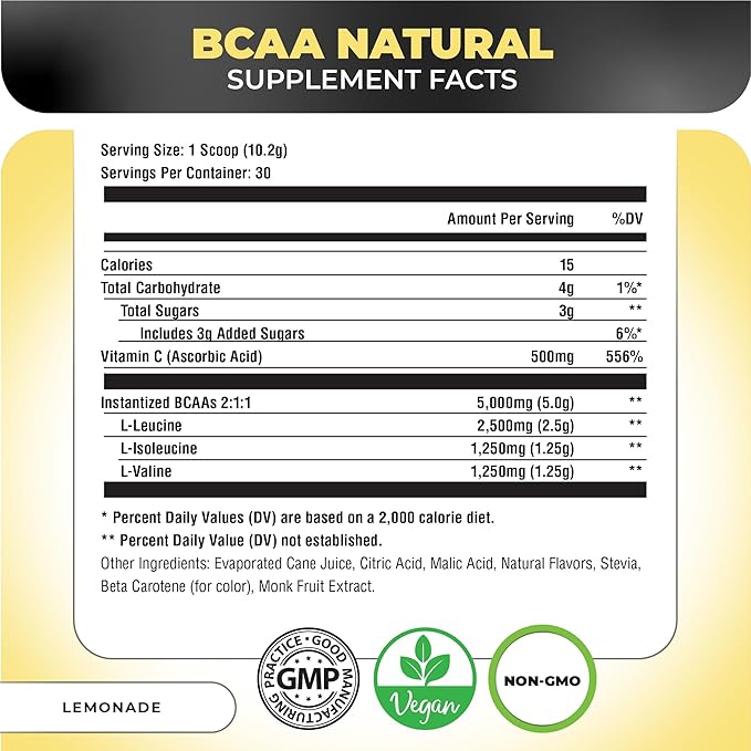 Nutrology BCAA Natural - Plant Based BCAA Powder, Lemonade Flavor, Optimized 2:1:1 Ratio Amino Acids Powder for Pre Workout & Post Workout Recovery, Vegan, Gluten-Free, Non-GMO, 30 Servings