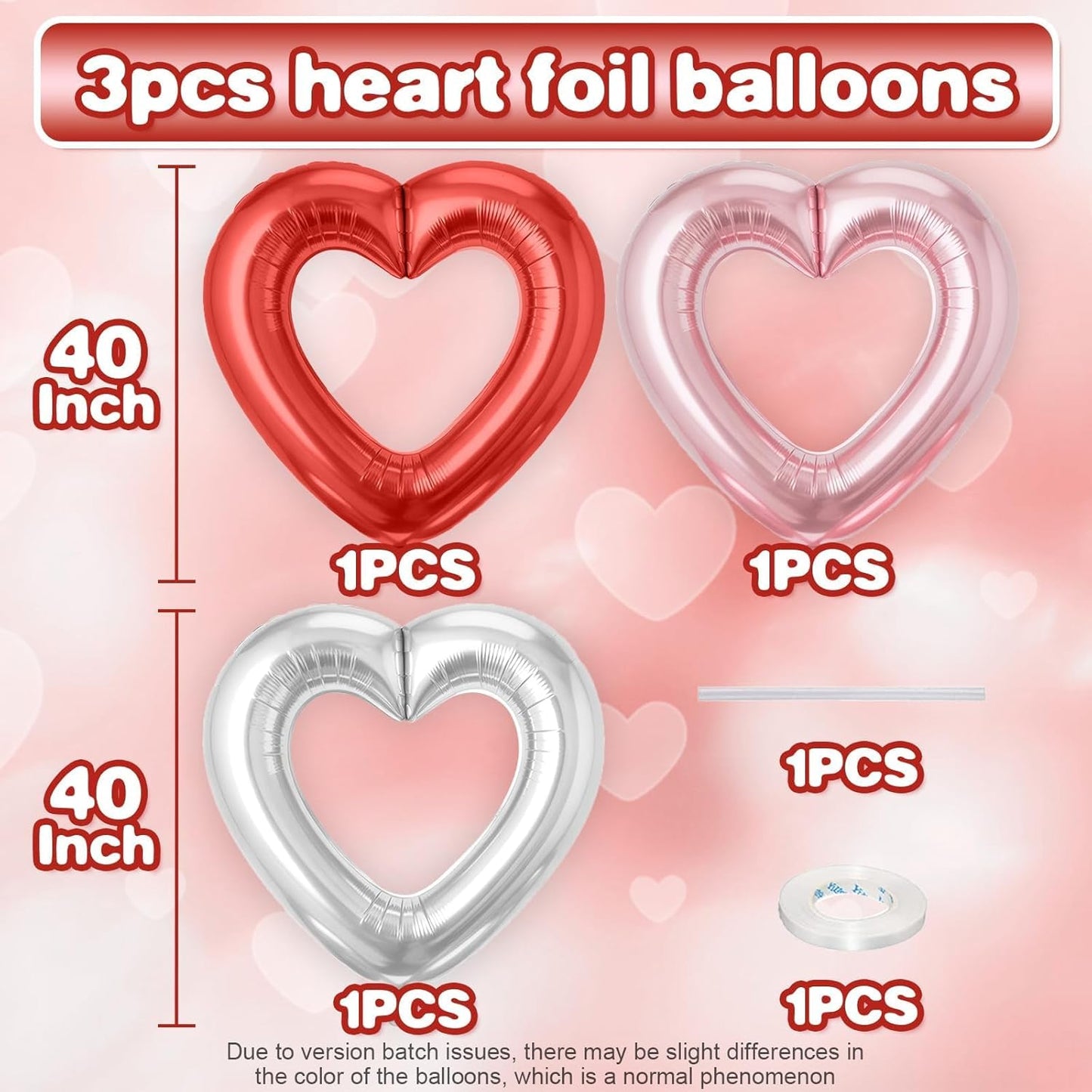 Pink Red Silver Heart Balloons,3Pcs 40Inch Large Hollow Out Heart Foil Balloons for Valentine's Day Birthday Wedding Anniversary Party Decorations