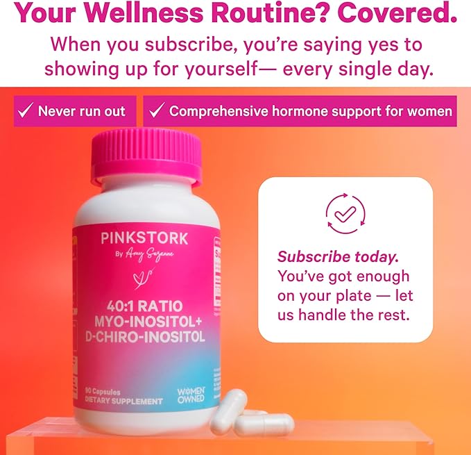 Pink Stork Inositol Supplement for Women - 40:1 Ratio Myo-Inositol & D-Chiro Inositol - Hormone Balance for Women - 2-in-1 Fertility + Ovarian Support - Health, Mood, Energy - 90 Capsules