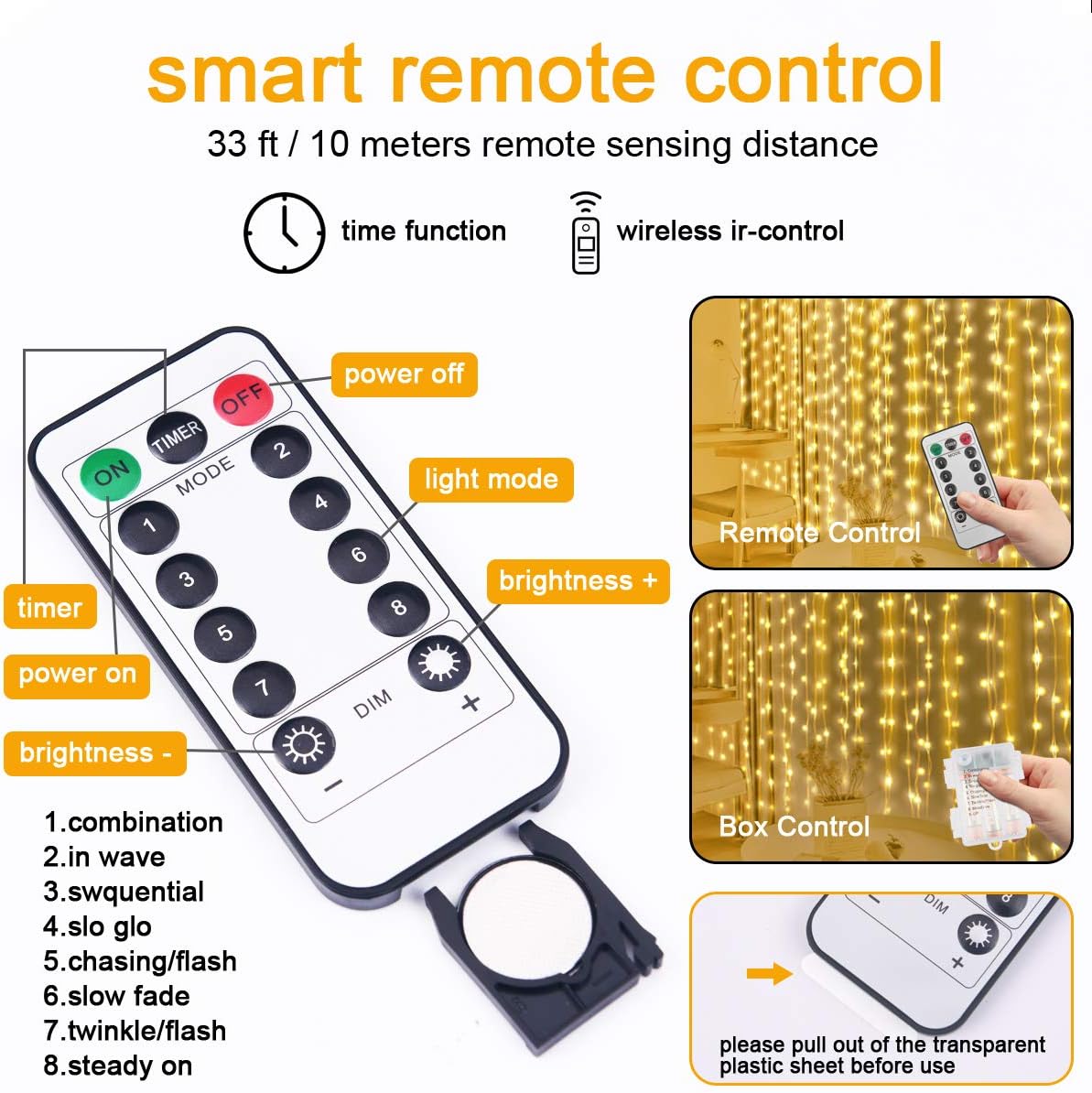 Vicloon Fairy Curtain Lights,300 LED Warm White Curtain Lights,8 Modes 9.8×9.8Ft Waterproof Window Curtain String Light USB&Battery Powered with Remote Control,String Lights Curtain for Indoor,Outdoor