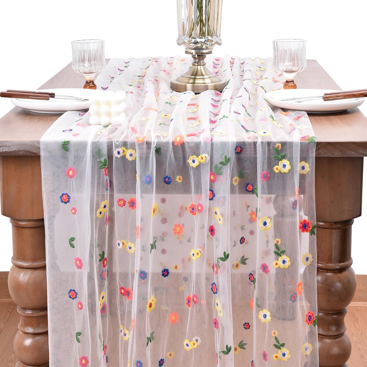 Joanlody 3pcs Ivory Embroidery Daisy Fall Thanksgiving Table Runner 10ft Florals Seasonal Tulle Table Runner Holiday Kitchen Dining Table Decoration for Home Party Indoor