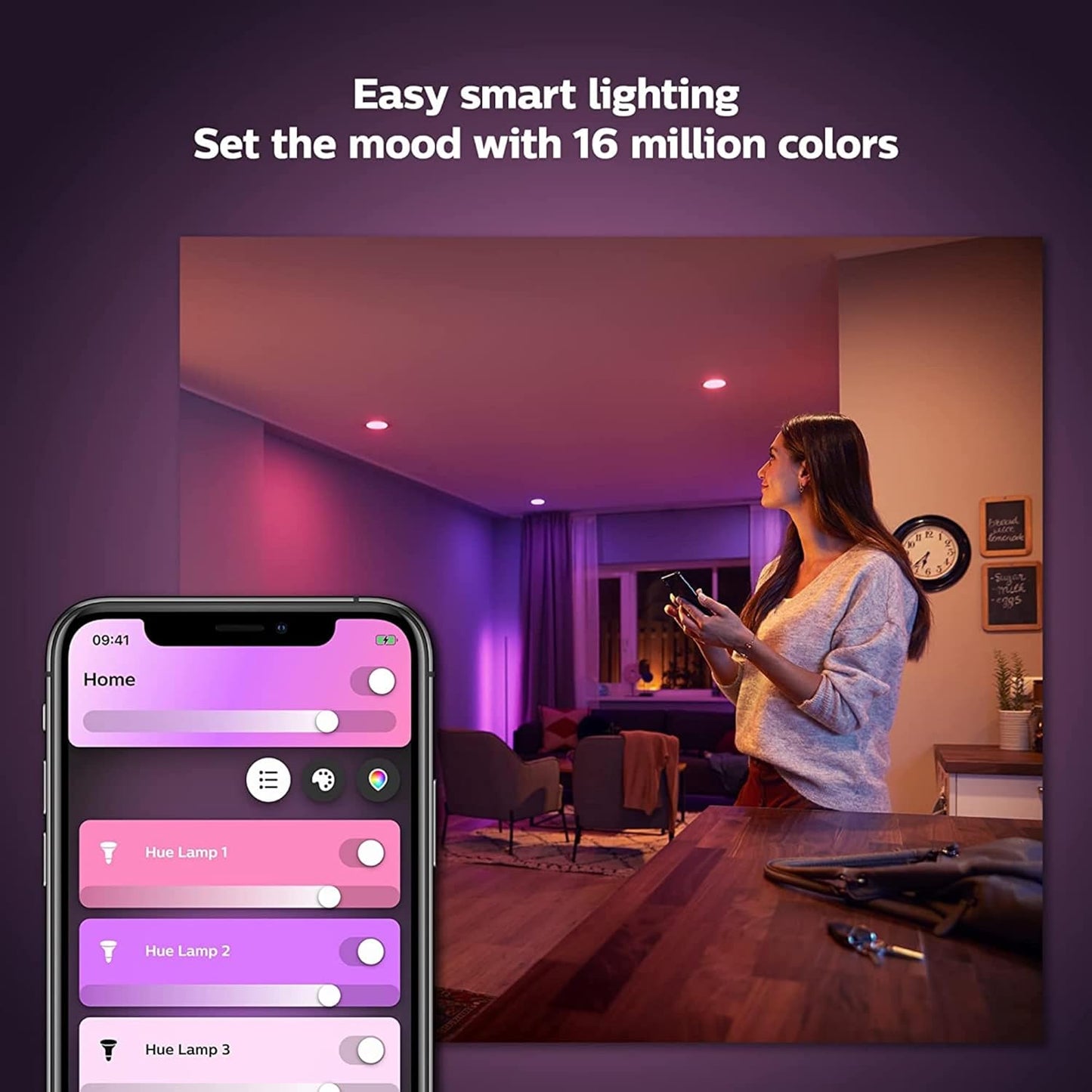Philips Hue Smart 85W BR30 LED Bulb - White and Color Ambiance Color-Changing Light - 4 Pack - 1200LM - E26 - Indoor - Control with Hue App - Works with Alexa, Google Assistant and Apple Homekit.