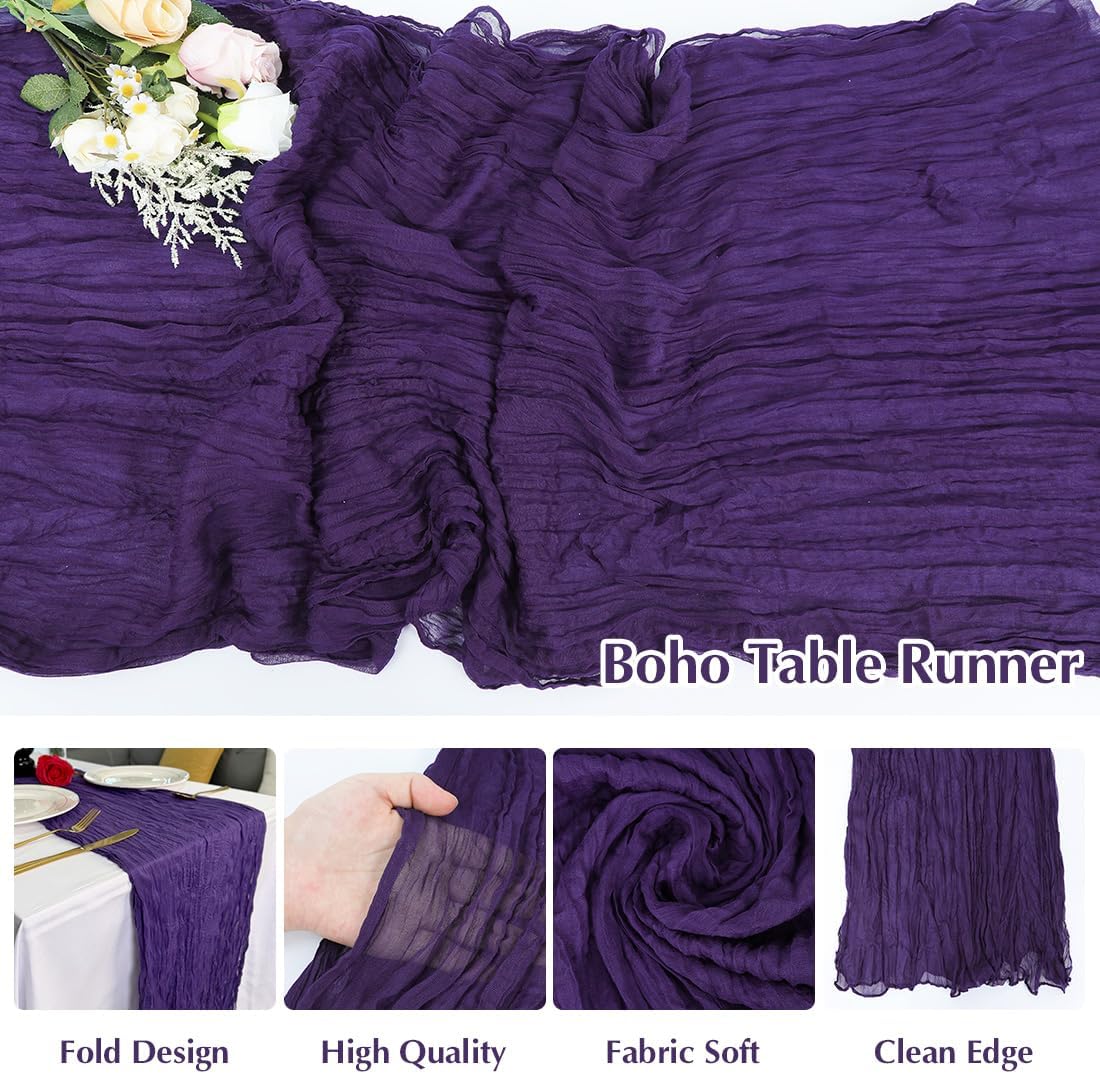 Purple Cheesecloth Table Runner -21*120Inch Long Boho Wedding Table Decor, Rustic Gauze Fabric Runner for Bridal Showers, Baby Showers & Parties (Sheer, Lightweight, Wrinkled Design)