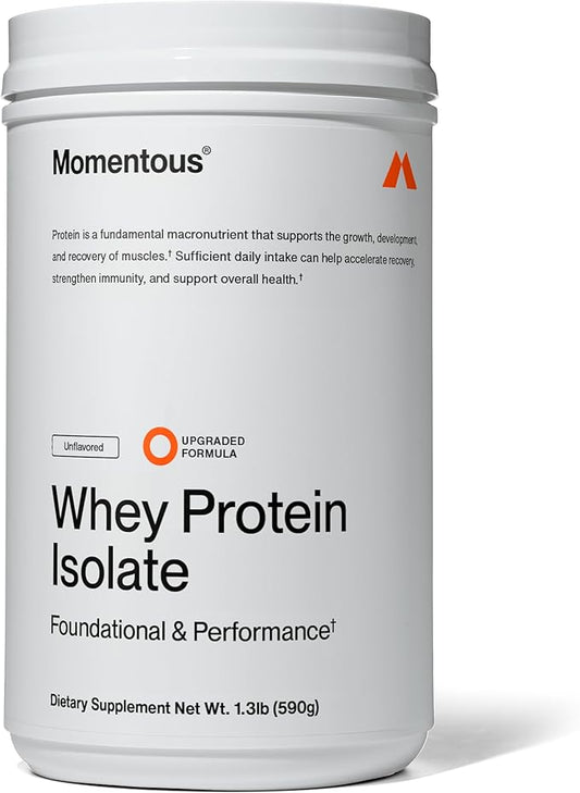 Momentous Essential Grass-Fed Whey Protein Powder - 20 g Whey Isolate Protein - NSF Certified for Sport - Gluten-Free - 24 Servings for Essential Everyday Use - Unflavored - Package May Vary