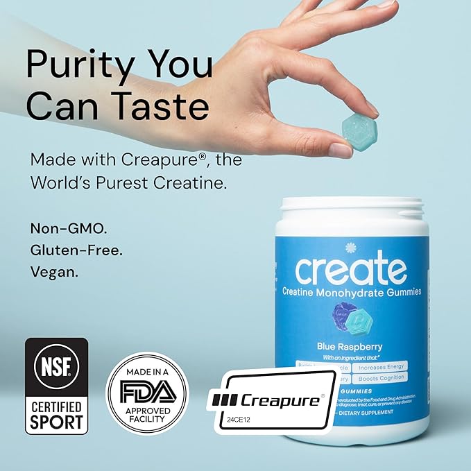 Create Creatine Monohydrate Gummies for Men & Women, Boost Focus, Strength, and Endurance, Anti-Melting Formula, Vegan, Gluten-Free, Non-GMO, 1.5g of Creatine per Gummy (Blue Raspberry, 90 ct)
