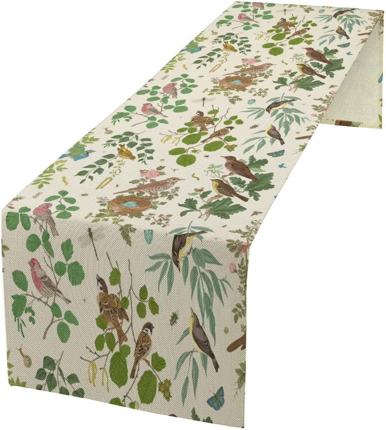 Vintage Bird Flower Table Runner Seasonal Spring Summer Garden Plants Farmhouse Country Kitchen Dining Table Decoration for Home Party Holiday 13"x60"