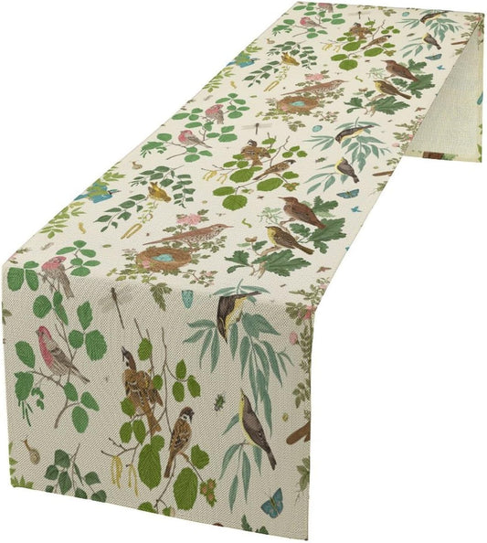 Vintage Bird Flower Table Runner Seasonal Spring Summer Garden Plants Farmhouse Country Kitchen Dining Table Decoration for Home Party Holiday 13"x90"